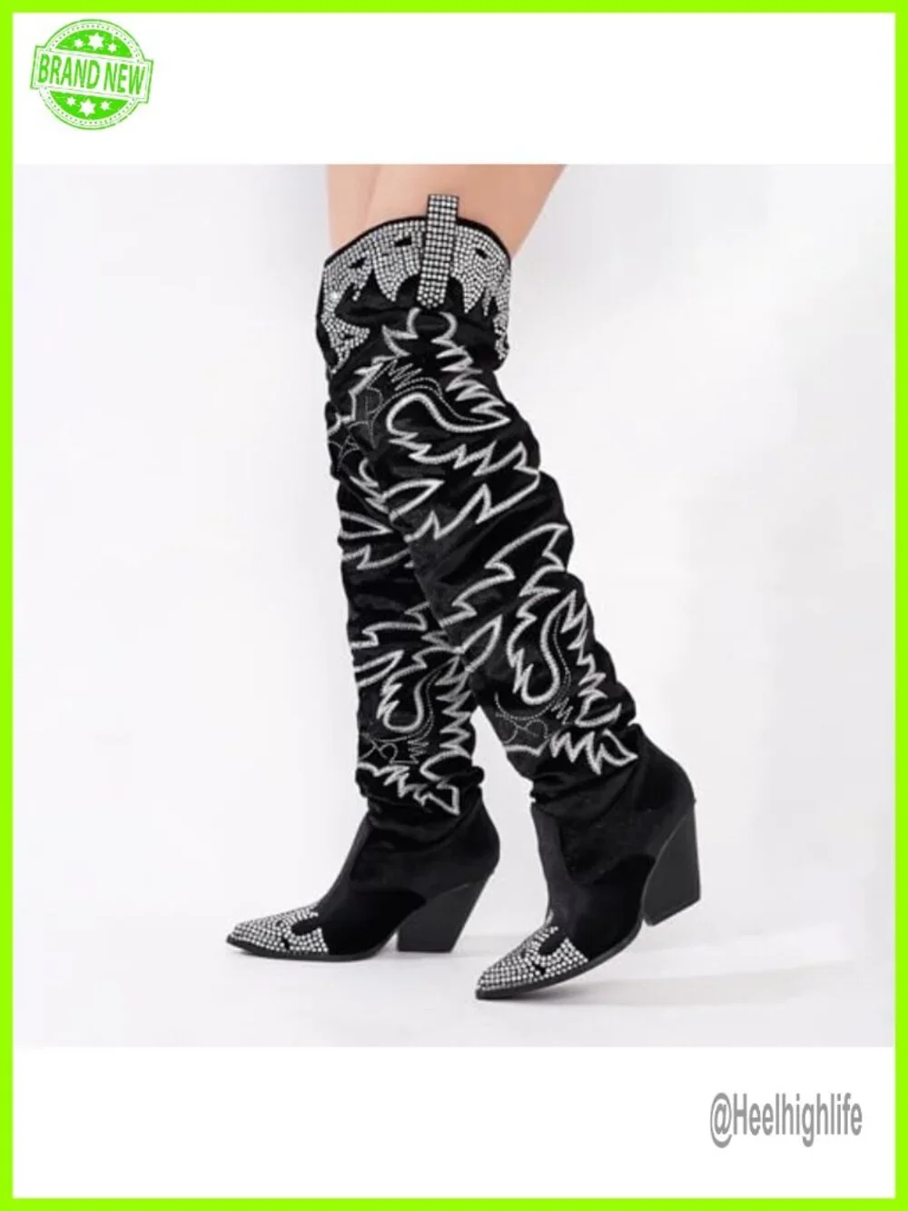 Rhinestone Embroidered Cowboy Boots Thigh High Slouchy Wide Calf Over the Knee